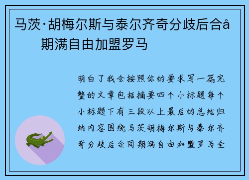 马茨·胡梅尔斯与泰尔齐奇分歧后合同期满自由加盟罗马