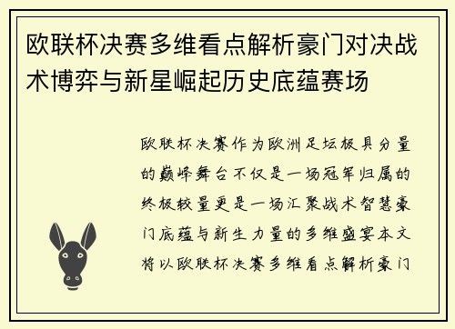 欧联杯决赛多维看点解析豪门对决战术博弈与新星崛起历史底蕴赛场 欧联杯决赛多维看点解析豪门对决战术博弈与新星崛起历史底蕴赛场